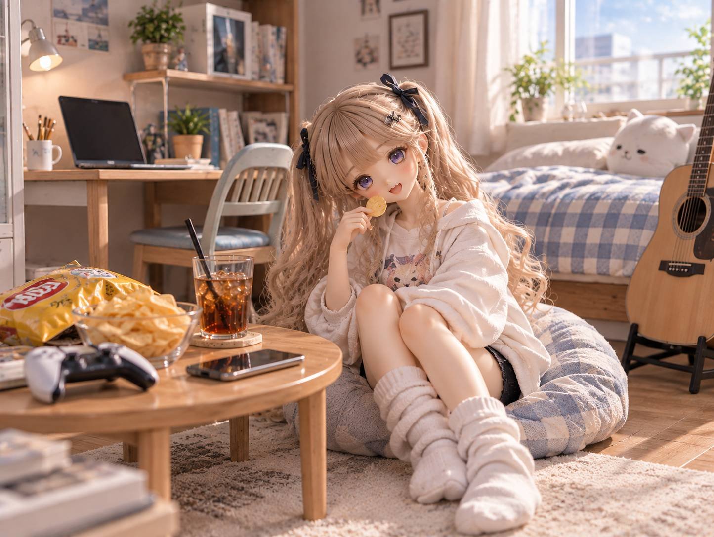 部屋でお菓子を食べながらくつろぐドール